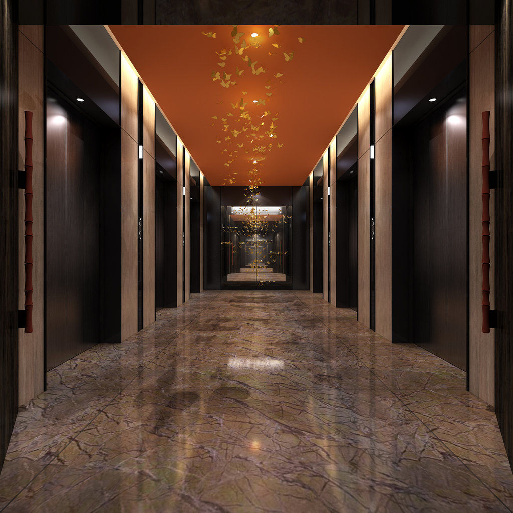 臺北 板桥凯撒大饭店酒店 外观 照片 The photo depicts a modern hallway featuring several elevator doors lined on either side. The walls have a sleek, dark finish, creating a contemporary aesthetic. The ceiling is painted in a bright orange color, adding a warm contrast to the overall d