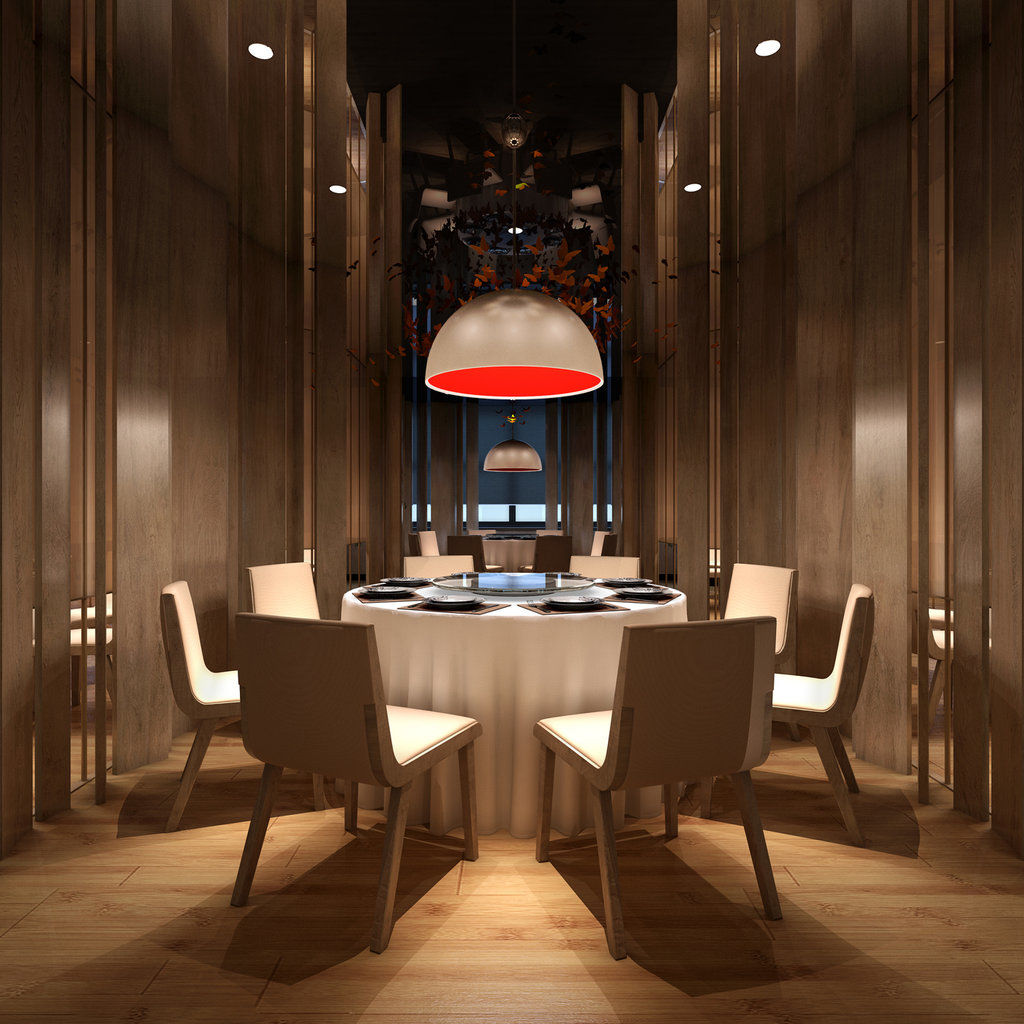 臺北 板桥凯撒大饭店酒店 外观 照片 The photo shows a modern dining area featuring a round table surrounded by several simple, white chairs. The table is set with black plates and has a white tablecloth. Above the table, there is a prominent light fixture with a large round shade that 