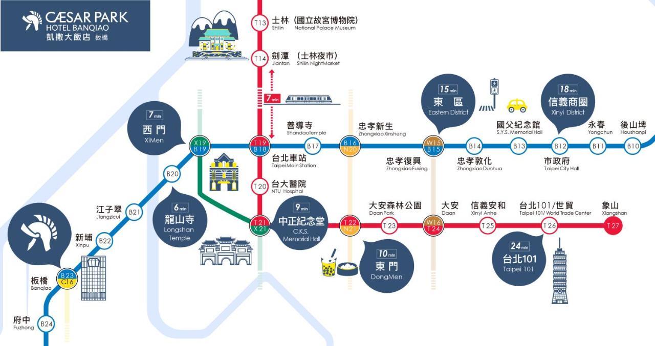 臺北 板桥凯撒大饭店酒店 外观 照片 The image shows a subway map, likely for a city in China, indicating various stations on the line. It features labels for different subway stations, icons representing points of interest, and the line colors indicating different routes. Some notable 